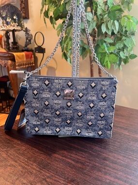 MCM Blue Denim Monogram Crossbody Bag with Silver Hardware